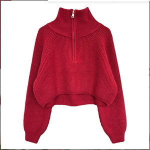 Suéter Corto de Punto para Mujer, Manga Larga, Cuello Alto, Cierre de Cremallera, Manga Farol, Color Sólido, Informal, para Invierno - Product Image 1