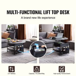 Tavolino da Caffè Rotondo Nero da 35,3 Pollici con Piano Sollevabile e Tasche Extra per lo Stoccaggio, Combinazione Pop-up per Soggiorno - Product Image 2