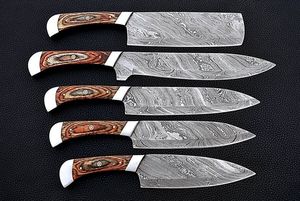 Juego de 5 Cuchillos de Cocina Hechos a Mano de Acero de Damasco con Hoja Recta y Punta Caída, Mangos de Micarta, Personalizables OEM/ODM/OBM - Product Image 5