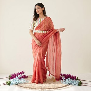 Sari de seda espacial de alta calidad con blusa de lentejuelas bordada y cinturón, elegante para fiestas, festivales y bodas - Product Image 1