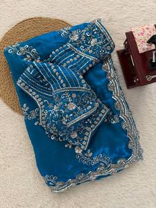 Women's New Tenncy Silk Designer Handwork Saree | Wedding Diwali Party Ethnic <b>Ankle</b>-Length Stretchable Wrinkle-Free Reversible - Product Image 5