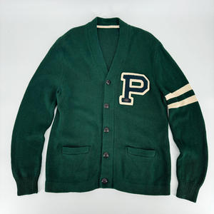 Top Men's Green V-Neck <b>Cardigan</b> <b>Sweater</b> Full Sleeve Button Closure Autumn Wear Wool Anti-Pilling Thick Letter P Patch Design - Product Image 1
