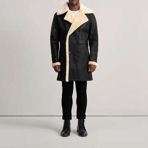 Veste en cuir véritable pour homme, style motard, en peau de mouton longue, noir et bordeaux, très tendance pour l'hiver - Product Image 3