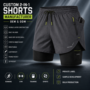 Men's Double <b>Layer</b> Running Shorts with Built-In Compression Liner | Custom Logo Quick-Dry Sports Shorts for Summer Gym Wear - Product Image 6