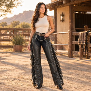 ROYAL INTERNATIONAL RI FC-06 Chaps en cuir robuste pour femmes, style western |   Chaps d'équitation authentiques avec poche fonctionnelle, marron - Product Image 2