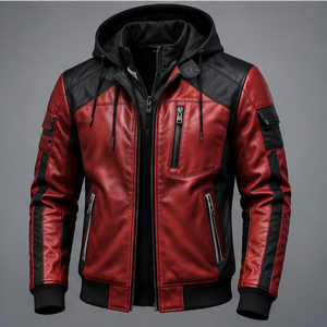 Men's Red PU Leather Breathable Quick Dry Hooded <b>Slim</b> <b>Fit</b> Windproof Zipper Closure Winter Streetwear Style Moto <b>Jacket</b> - Product Image 5