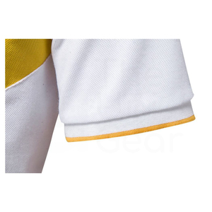 Men's White Short Sleeve <b>Polo</b> <b>Shirt</b> With Yellow And Navy <b>Blue</b> Geometric Stripe Zipper Casual Knitted Design Regular Fit - Product Image 3