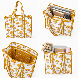 Water Resistant Quilted Cotton Tote <b>Bag</b> Mushroom Print <b>Foldable</b> Design Zipper Closure-Vintage Style Large Capacity for <b>Beach</b> - Product Image 5