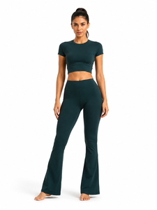 Dark <b>Green</b> 2-Piece Yoga Set Crew Neck Crop Top High-Waist Full-Length <b>Leggings</b> Seamless Solid Stretch Fabric Breathable Quick - Product Image 1