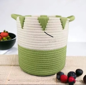 Ecowoodies Multipurpose Eco-Friendly Modern <b>Foldable</b> Cotton Storage <b>Basket</b> 50x40x30cm Soft Edges Green White Handcrafted Laundry - Product Image 5