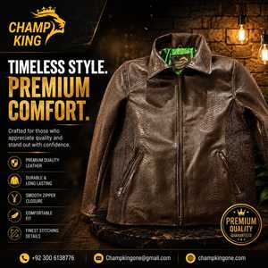 เสื้อแจ็คเก็ตหนังวัว CHAMP KING หนังลายนูน พร้อมซับในผ้าซาติน ปกเสื้อแบบพับได้ - Product Image 1