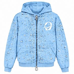 Sudadera con capucha azul cielo con cremallera completa, chaqueta estilo streetwear con cristales incrustados, sudadera con capucha de manga larga con bolsillos frontales - Product Image 1