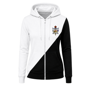 Sudadera con capucha para mujer, personalizada, blanca y negra, con 2 paneles cruzados, cremallera completa, bloques de color, manga larga, informal, para hermandades universitarias - Product Image 1