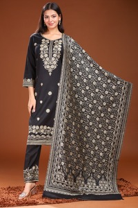 Conjunto de Salwar Kameez de Lana con Bordado Floral Negro y Chal para Mujer, Ropa Casual Tradicional Estilo India Pakistán para Fiestas y Bodas - Product Image 5
