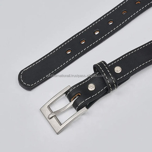 Cinturón informal de cuero negro de lujo con costuras en contraste hecho a mano para hombre con hebilla de aleación de una sola punta, cinturón informal de negocios - Product Image 1