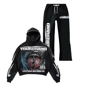 Conjunto de Sudadera y Pantalón de Felpa de Algodón Premium de 2 Piezas, Estilo Urbano Oversize con Hombros Caídos, Sudadera con Capucha Bordada con Estampado Gráfico Personalizado, Unisex - Product Image 4