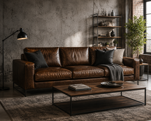 Sofá de Cuero Marrón Vintage de 3 Plazas, Estilo Industrial, con Base de Metal para Sala de Estar, Sofá con Patas de Metal - Product Image 1
