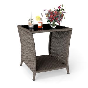 Table de patio extérieure compacte PPL avec plateau en verre trempé et étagère de rangement – Mobilier en osier durable pour balcon ou véranda - Product Image 1