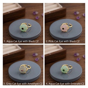 Bague ajustable en laiton plaqué or 18 carats avec pierre naturelle œil de chat et zircon cubique, motif floral sculpté, best-seller - Product Image 6
