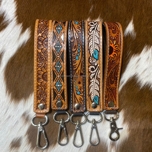 <b>Tooled</b> Leather Key <b>Clip</b> Western Leather Keychain Wristlet Personalized Key Fob Cowgirl Car Key Wristlet Key Strap Wrist Keychain - Product Image 6