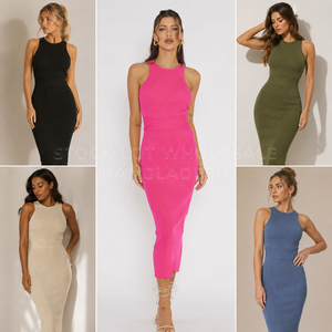 Vestido ajustado de punto acanalado sin mangas, largo midi hasta la rodilla, con opción de entrega rápida, lote en stock de Bangladesh, MOQ bajo. - Product Image 2