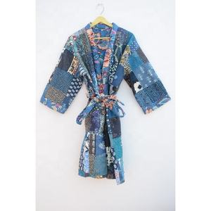 Nouveauté Robe Kimono bohème unisexe Vestes Kantha imprimées à fleurs Vêtements de nuit en dentelle à carreaux de luxe Longueur courte en lin bambou - Product Image 2