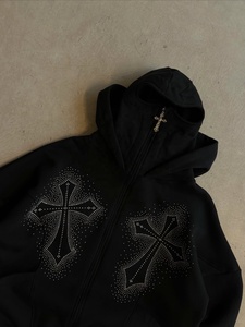 Sudadera con capucha negra de estilo urbano con cremallera, diseño de cruz con pedrería, estilo gótico oversize, de algodón y forro polar, precio mayorista - Product Image 2