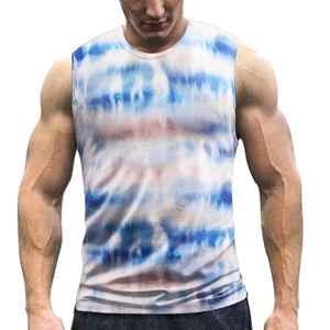 Camiseta sin mangas para hombre con estampado tie-dye, cuello redondo, de secado rápido, tejida, informal, para fitness, con patrón azul, blanco y rosa. - Product Image 1