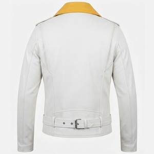 Custom Unisex White & Yellow Biker Leather <b>Jacket</b> Motorcycle Zip Belted Fashion Coat Premium <b>Slim</b> <b>Fit</b> Moto <b>Jacket</b> for Unisex - Product Image 2