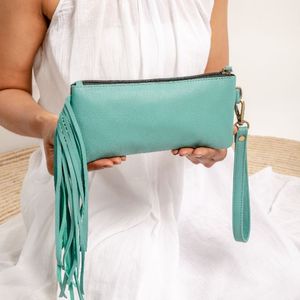 Western Fashion Designer Women's Genuine Leather <b>Wallet</b> Vintage Clutch With Fringes Wristlets Set Feature ZIP Closure - Product Image 4