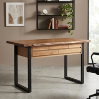 Bureau d'écriture moderne avec plateau en teck massif à bord naturel, 1 tiroir et pieds en métal pour appartement, salon et hôtel
