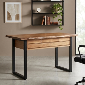 Escritorio Moderno con Superficie de Teca Sólida, Mesa Consola con Borde Natural, 1 Cajón y Patas Metálicas para Apartamento - Product Image 4