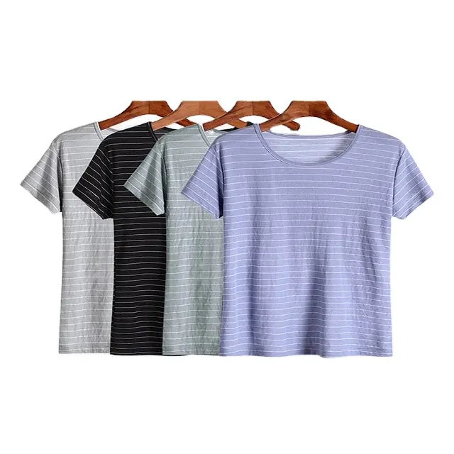 Großhandel 2020 hochwertige Tops Streifen Kurzarm O-Ausschnitt Soft Fabric Lounge wear T-Shirts Nachtwäsche