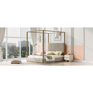 Letto a baldacchino imbottito beige queen size con testiera e struttura in metallo - Product Image 5