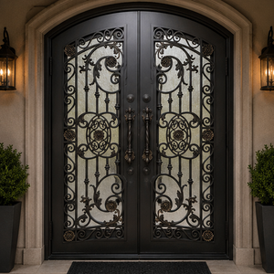 Puerta de Entrada Doble de Hierro Forjado Arqueada de Lujo con Vidrio Esmerilado Decorativo y Diseño de Seguridad para Villa - Product Image 2