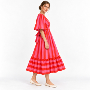 Vestido midi a rayas rosa y rojo para mujer, cuello en V, manga con volantes, cinturón, línea A, vestido de verano - Product Image 2