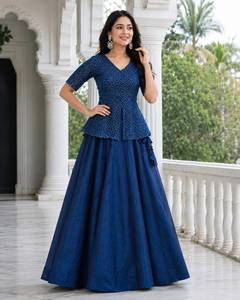 Conjunto de Lehenga de Diseñador para Mujer, Azul y Marrón, Bordado, para Fiesta, Estilo Fusion - Product Image 5