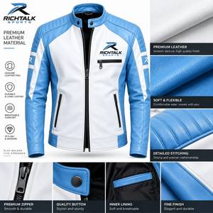 Men's Winter Leather Motorcycle <b>Jacket</b> <b>White</b> Blue Color Blocking Stand Collar Zipper Closure Front Logo Moto <b>Biker</b> Style - Product Image 6