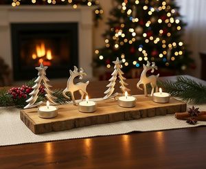 <b>Tealight</b> <b>Holder</b> with Metal Reindeer and Christmas Tree Figures on a Rustic Wooden Base Atmospheric Christmas Decoration - Product Image 2