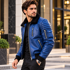Blouson moto en cuir véritable bleu roi pour homme avec col en peau de mouton noir, poche zippée sur la poitrine, poignets côtelés et style urbain moderne - Product Image 1