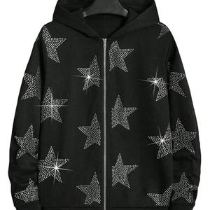 Sudadera Negra con Capucha y Cremallera, Estampado de Estrellas con Pedrería, Unisex, Oversize, Casual, de Invierno, Tejida, de Poliéster, Corte Holgado, Ecológica - Product Image 1