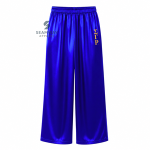 ชุดนอนผ้าซาตินสำหรับผู้หญิง Sigma Gamma Rho แขนยาว ติดกระดุม ปักลาย ชุดนอนสองชิ้น สีน้ำเงิน แต่งขอบสีทอง ชุดลำลอง - Product Image 4