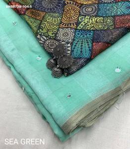 Sari de lino de excelente calidad y color deslumbrante con tejido Zari a cuadros y trabajo de espejo en toda la prenda, proveedor de Surat - Product Image 4