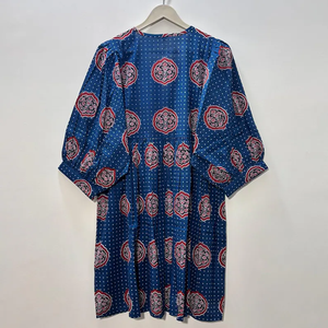 Robe décontractée mi-longue en coton tissé uni pour femme, manches ballon, taille empire, style babydoll, col en V oversize, coupe ample - Product Image 2