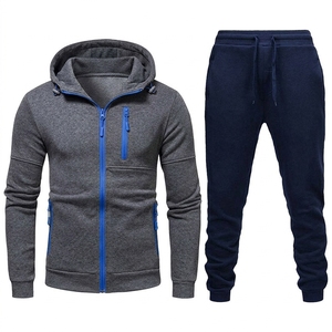 Conjunto Deportivo con Capucha para Hombre, Color Sólido, Manga Larga, Cierre de Cremallera, Ropa Casual de Otoño, Material de Poliéster y Algodón, Corte Regular - Product Image 2