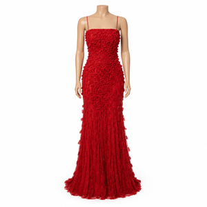 Luxury Red Floral Mermaid Evening Gown for Women | Spaghetti Strap Formal Maxi Dress | Elegant Prom Party Wedding Reception Wear - Product Image 1