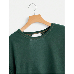 Camiseta de Punto Holgada para Mujer, Color Verde Oscuro, Espalda Cruzada, Manga Corta, Diseño Asimétrico, para Primavera/Verano, Gimnasio - Product Image 5