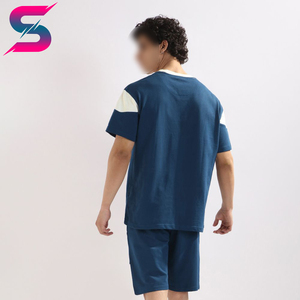 บริการ OEM ODM ชุดลำลองฤดูร้อนแบบถัก ระบายอากาศได้ดี คอกลม ดีไซน์ใหม่ล่าสุด เสื้อยืดและกางเกงขาสั้นผ้าฝ้ายสีตัดต่อสำหรับผู้ชาย - Product Image 3