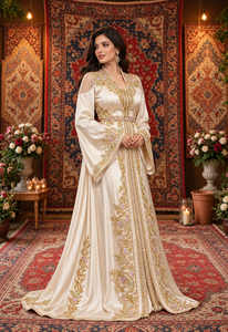 Caftan marocain en velours ivoire prune Mishkat Couture, broderie dorée à la main, col en V, longueur maxi, pour femmes musulmanes, tenue de soirée, hiver - Product Image 2