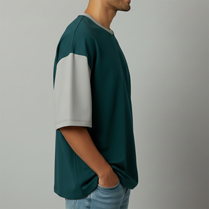 เสื้อยืดแขนสั้นทรงโอเวอร์ไซส์สำหรับผู้ชาย คอโอ แต่งขอบตัดกัน สีพื้น ทรงลำลอง ใส่สบาย เป็นมิตรกับสิ่งแวดล้อม ผลิตจากผ้าฝ้าย 100% - Product Image 6